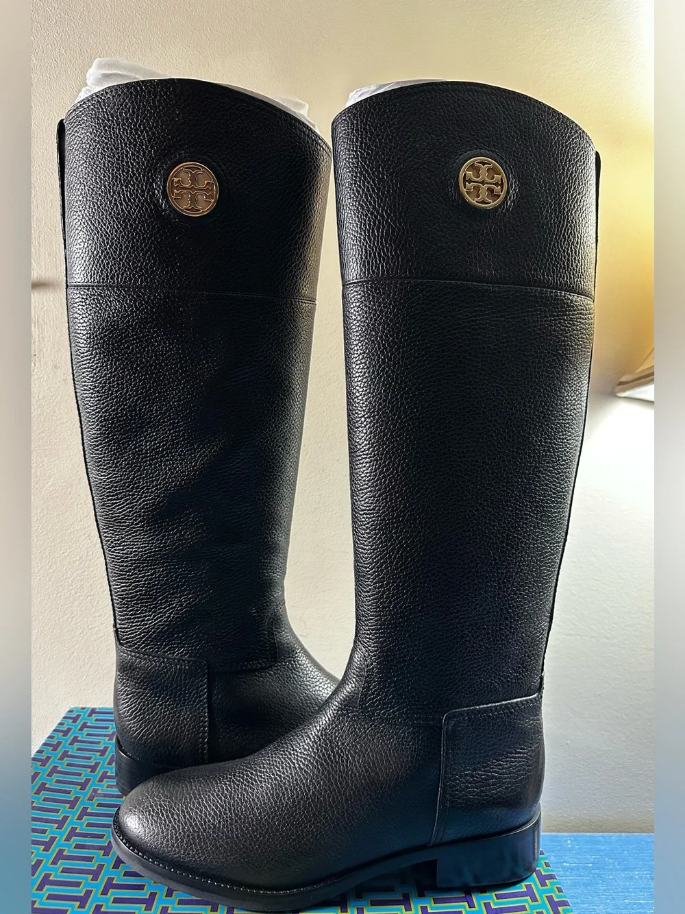Tory Burch Junction Riding Boots Women’s 8 Black Tumbled Leather New in Box